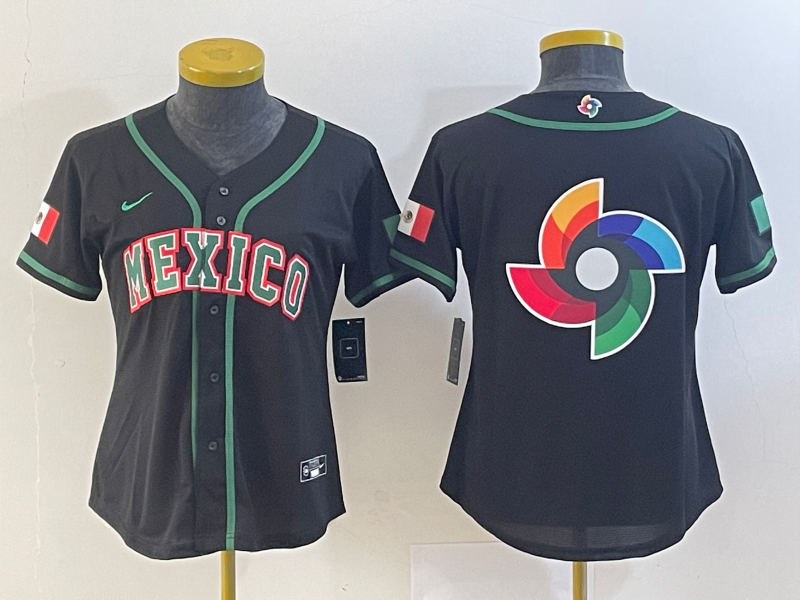 Youth Mexico Baseball Blank 2023 Black World Baseball Classic Big Logo In Back Stitched Jersey